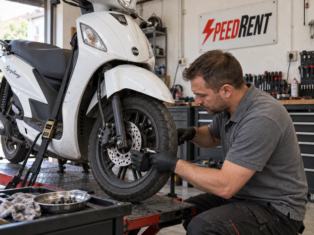 Mechanic checking the front brake of a SYM scooter at the SpeedRent workshop in Iasi